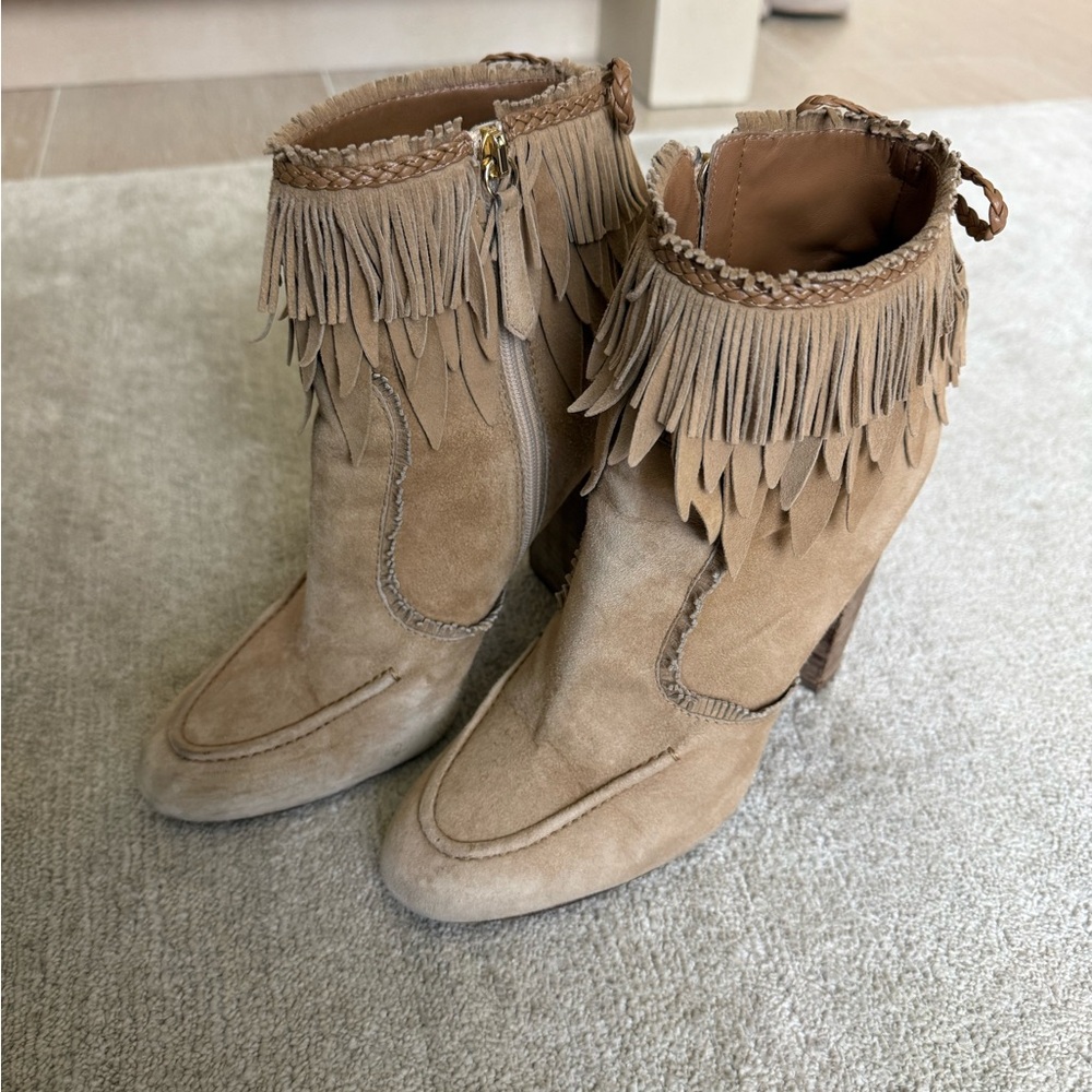 Aquazzura Tan Suede Fringe Ankle Booties